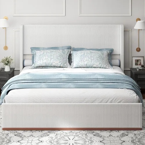 Miniatura 8 de Doltoro Base de cama tapizada tamaño Queen, plataforma de pana suave con cabecera de lujo con alas de 47 pulgadas, soporte de listones de acero