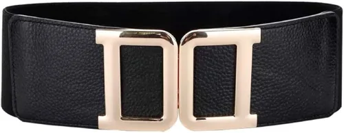 Miniatura 5 de CB - Cinturón elástico ancho para mujer, cintura alta, cuero auténtico, hebilla de color liso dorado