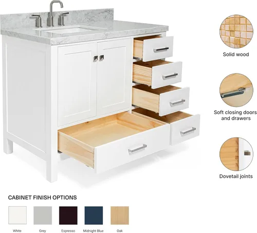 Miniatura 6 de ARIEL Cambridge - Mueble de baño con lavabo de 42 pulgadas, madera maciza, encimera de mármol italiano de Carrara de 1.5 pulgadas, fregadero Blanco