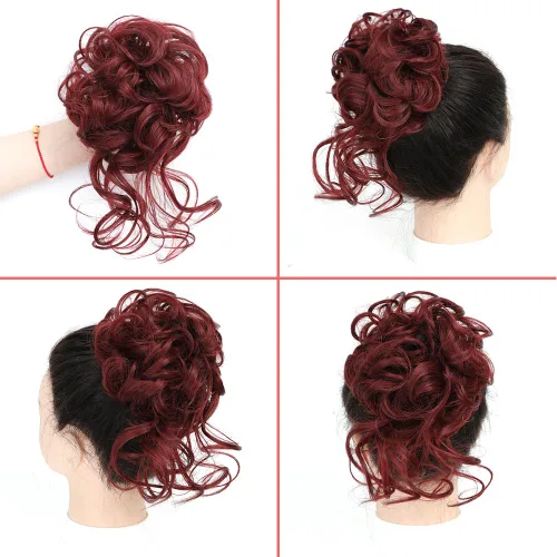 Miniatura 2 de KETHBE - Pieza de pelo con moño desordenado, extensiones de pelo rizado con banda elástica, horquillas para moño ondulado para mujeres (Rojo)