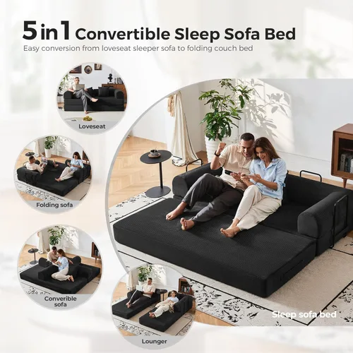 Miniatura 3 de Sofá cama convertible 5 en 1 sin montaje, marco de acero fijo de 79 pulgadas con espuma de alta resistencia, sofá modular de pana plegable para Negro