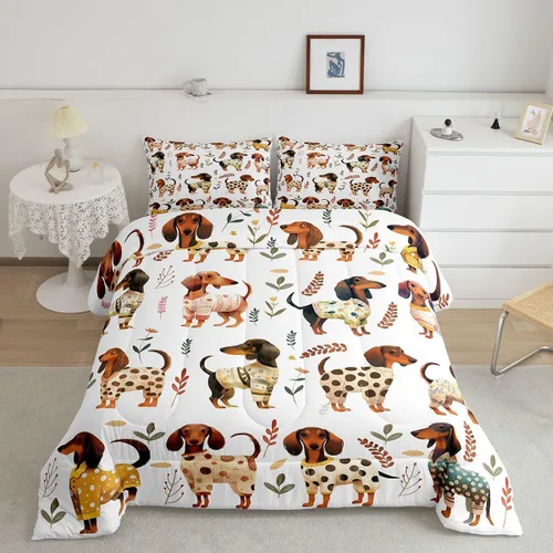 Miniatura 34 de Juego de edredón lindo de perro y gato, tamaño matrimonial, juego de ropa de cama colorido con estampado de patas de cachorro, 3 piezas para niños