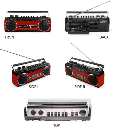 Miniatura 7 de Riptunes Boombox de cassette, Boombox retro Bluetooth, reproductor y grabador de cassette, radio AM/FM/SW-1-SW2 de 4 bandas, USB, SD y entrada Negro