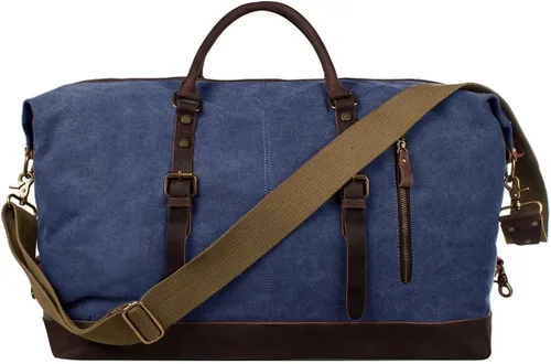 Miniatura 31 de S-ZONE - Bolsa de viaje de lona sobredimensionada con adornos de cuero genuino, bolsa deportiva de hombro de fin de semana, bolso de fin de semana