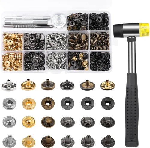 TLKKUE Kit de 120 cierres a presión, botones a presión de 0.394 pulgadas con martillo de goma, botones de presión de metal de 6 colores con 4