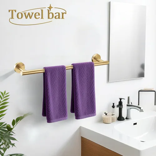 Miniatura 5 de Juego de 6 piezas de accesorios de baño de oro cepillado, anillo de toalla de mano de 16 y 23.6 pulgadas, soporte para toallas redondas, ganchos