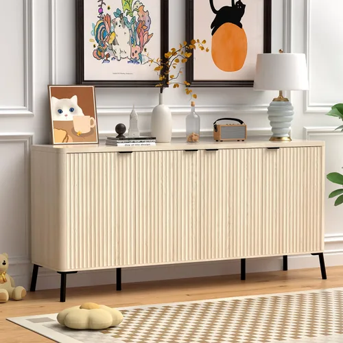 Armario buffet, aparador grande de 63 pulgadas con almacenamiento, aparador moderno acanalado con 4 puertas, gabinete de almacenamiento de madera