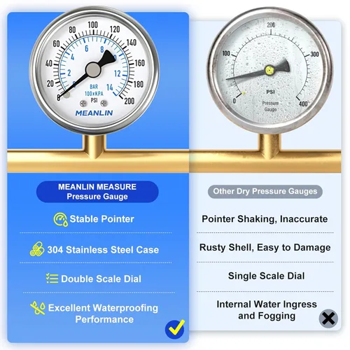 Miniatura 5 de MEANLIN MEASURE Medidor de presión en seco de acero inoxidable de 0 ~ 200 psi, esfera de cara NPT de 2 pulgadas, impermeable para compresor de aire