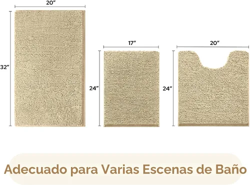 Miniatura 3 de HOMEIDEAS Juego de 3 alfombras de baño, ultra suaves, antideslizantes, absorbentes, de chenilla, juego de alfombrillas de baño para inodoro (beige)