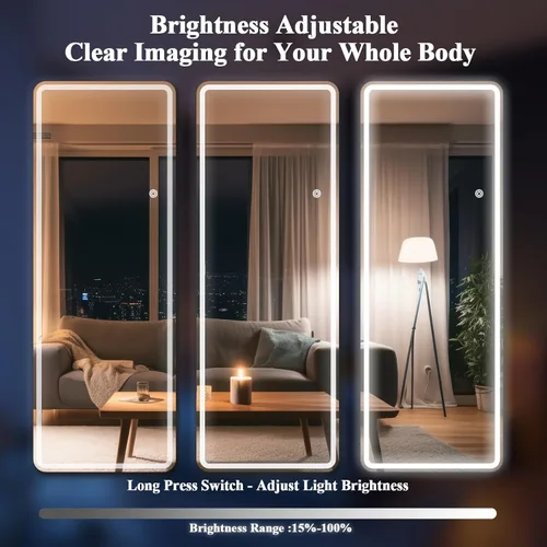 Miniatura 5 de Espejo LED de longitud completa, 56 x 20 pulgadas, espejo de longitud completa con esquina redondeada, pie para dormitorio/vestidor, iluminación