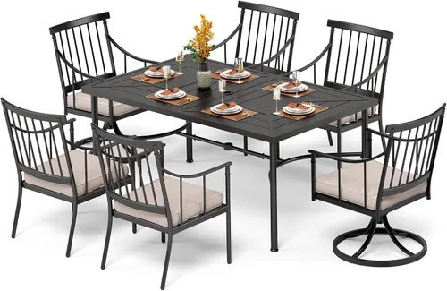 Miniatura 11 de PHI VILLA Juego de comedor al aire libre de 7 piezas con cojín, mesa de comedor rectangular de metal de 60 pulgadas con agujero para sombrilla y 6