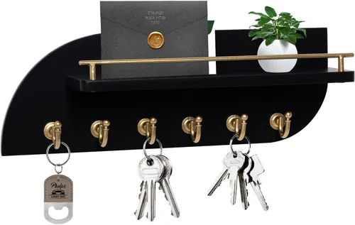 Miniatura 11 de Soporte para llaves de pared, organizador decorativo de llaves y correo con 3 ganchos de metal y 2 estantes, estante de llaves de madera montado