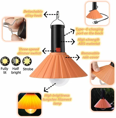 Miniatura 5 de Luz LED recargable para campamento, 3000 K blanco cálido, 3 modos de brillo, IPX6 impermeable, carga USB-C, gancho desmontable, luz portátil