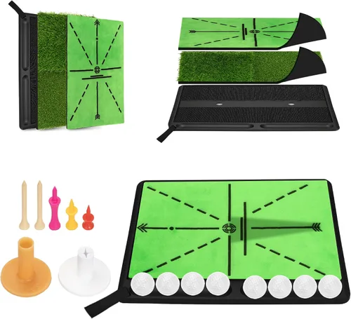 NEWCARE Golf Hitting Mat with Curved Ball Tray, 3-in-1 Golf Practice Mat, Fairway Rough Putting Surfaces, Non-Slip Rubber Base, Portable Golf