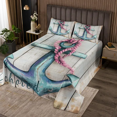 Miniatura 31 de Erosebridal Juego de colcha náutica, juego de edredón de lancha de vela, faro, acuarela con temática oceánica, juego de ropa de cama de verano