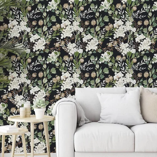 Miniatura 4 de Papel tapiz autoadhesivo con hojas florales oscuras, para baño, papel tapiz autoadhesivo bohemio apto para inquilinos, papel de contacto floral
