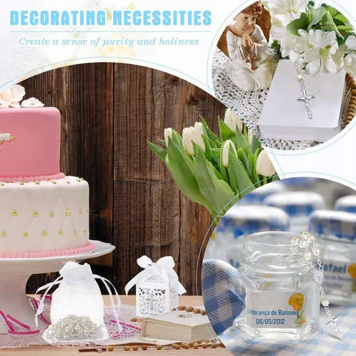 Miniatura 9 de MTLEE El juego de 100 piezas de recuerdos de bautismo incluye mini rosario, cajas de recuerdos de bautismo, bolsas de organza blanca con cordón