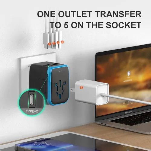 Miniatura 2 de Adaptador de enchufe universal de viaje internacional, adaptador de enchufe de viaje europeo 5 en 1 W/3.5A 2xUSB-A y 2xUSB C cargador de pared