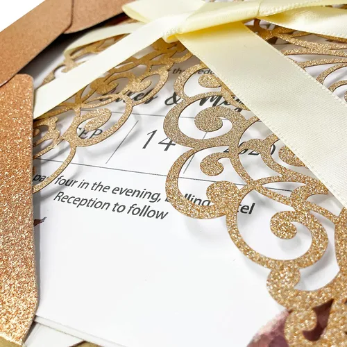 Miniatura 5 de 50 invitaciones de boda cortadas con láser con sobres con purpurina y cintas, tarjeta en blanco personalizada, invitaciones para quinceañera, Oro