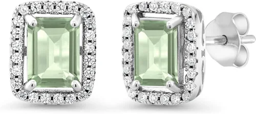Miniatura 39 de Gem Stone King Aretes de plata de ley 925 con piedra natal Corte esmeralda de 0.315 x 0.236 in Aretes de halo para mujer