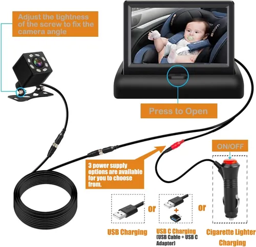 Miniatura 8 de Cámara de Monitoreo para Coche de Bebé AllRuby, Espejo de Coche para Bebé, para Puertos USB/USBC/Encendedor de Cigarrillos, Vista Amplia y Clara