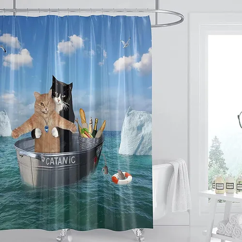Miniatura 9 de Domoku Cortina de ducha de gato con diseño divertido de cosplay de gatito en pareja en el océano, cortinas de baño para gatos lindas y divertidas