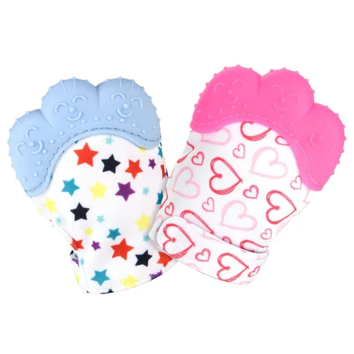 Paquete de 2 guantes de dentición de silicona, calmante para la dentición infantil, alivio del dolor, evita arañazos, juguetes de dentición de