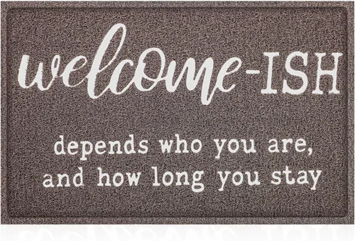 JJUUYOU Felpudo de bienvenida para puerta delantera, entrada al aire libre, Welcome Ish Depends Who You are, tapete antideslizante de goma