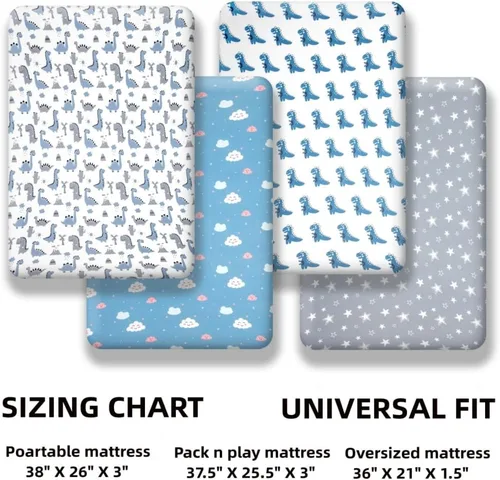 Miniatura 7 de Juego de 4 sábanas suaves para bebé, diseño de dinosaurio, estrella, nube, poliéster, neutro, unisex, juego de sábanas bajeras para bebés niños