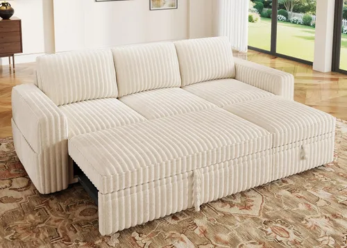 Miniatura 24 de HONBAY - Sofá seccional modular con cama desplegable, sofá en forma de L de pana con almacenamiento, sofás seccionales para sala de estar, verde