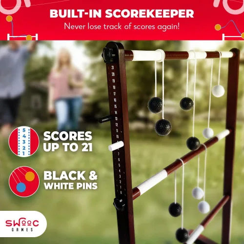 Miniatura 5 de SWOOC Games® - Juego de pelota de escalera de madera premium (resistente a la intemperie) - con más de 10 juegos y estuche de transporte - Fácil