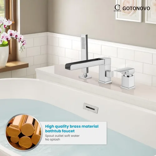 Miniatura 3 de gotonovo Grifo de bañera romano con ducha de mano, 3 agujeros, montaje en cubierta, juego de grifo de bañera de una sola manija generalizado
