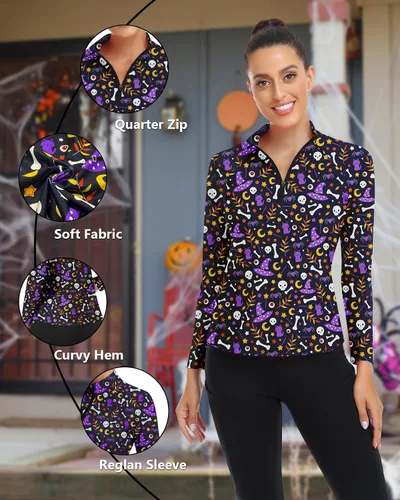 Miniatura 172 de WOWENY Camiseta deportiva de manga larga para mujer, con cremallera de un cuarto, cuello para entrenamiento, camiseta de tenis con estampado