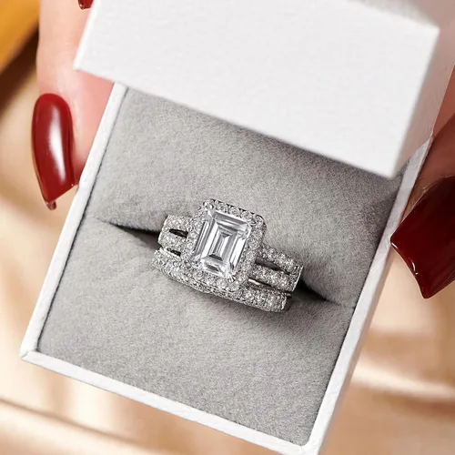 Miniatura 2 de Wuziwen Juego de anillos de compromiso de plata de ley de 4 quilates con corte esmeralda para mujer, talla 5-10