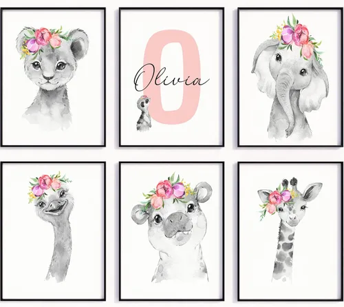 Miniatura 11 de Juego de arte de pared personalizado de safari para guardería, impresiones de animales de la selva con nombre personalizado, imágenes de decoración