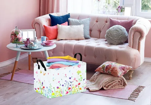 Miniatura 4 de Cesta de almacenamiento para bebé, caja de guardería, cesta de lavandería, cubos de organización para juguetes y ropa con asas (flor azul)