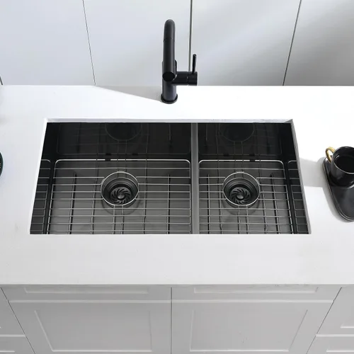 Miniatura 9 de Fregadero de cocina negro de 33 x 17 pulgadas con doble tazón, 33 x 17 x 9 pulgadas, calibre 16, acero inoxidable negro, montaje inferior