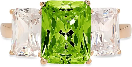 Solitario de 3 piedras de corte esmeralda brillante de 3.94 quilates con diseño de acento de diseño auténtico, peridoto verde vivo, piedra preciosa