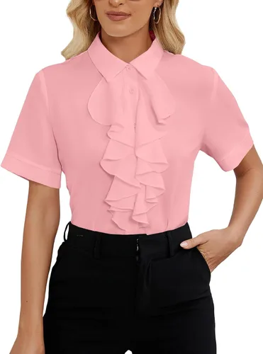 Miniatura 20 de Vrtige Women's Ruffle Front Collar Neck Button Down Short Sleeve Blouse Shirt Top