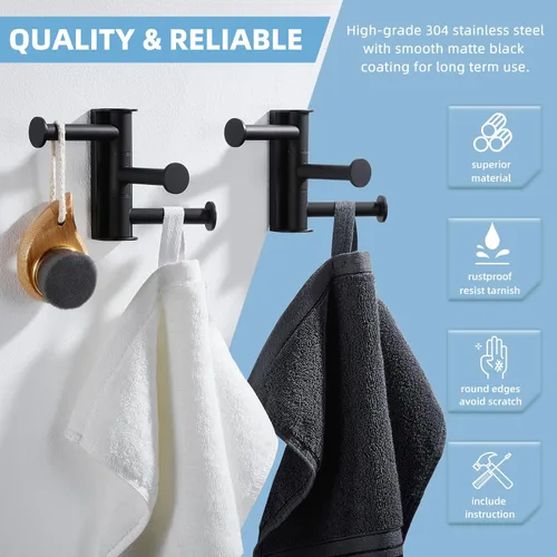 Miniatura 3 de Angle Simple Gancho giratorio para toallas mate negro, 2 paquetes, SUS 304 gancho de acero inoxidable para abrigos y batas para baño Negro mate