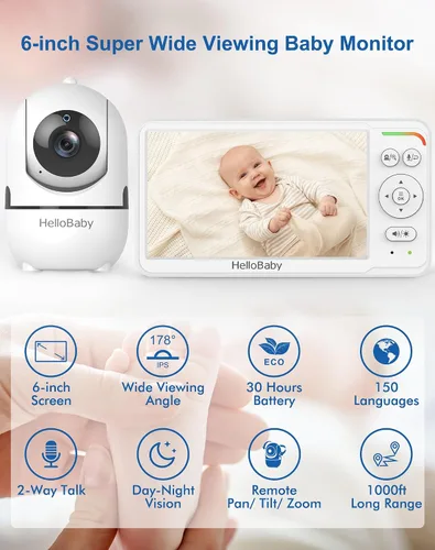 Miniatura 3 de HelloBaby Monitor de bebé con cámara y audio, 6 pulgadas, primera pantalla IPS del mundo, monitor de cámara para bebé, sin WiFi, monitor de bebé