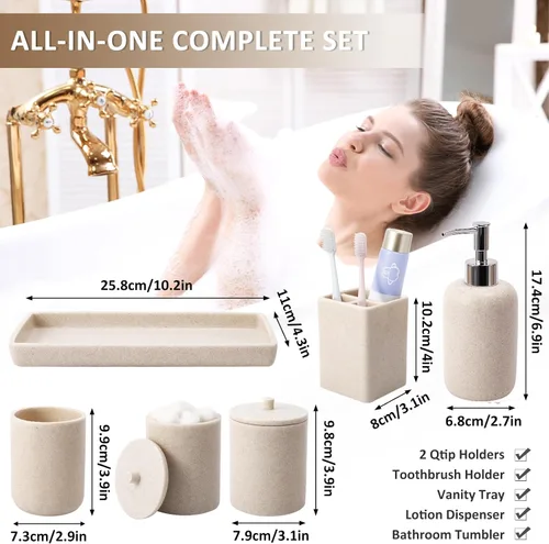 Miniatura 5 de Juego de baño de resina de 6 piezas color beige completo con soporte para cepillos de dientes, dispensador de jabón de loción, 2 dispensadores