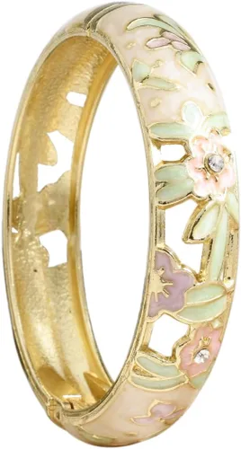 Cloisonne - Brazaletes de esmalte de flores coloridas vintage chapados en oro, pulseras florales para mujer, estilo brillante, metal grueso,