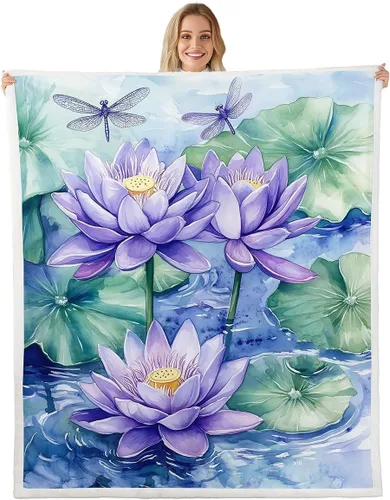 Manfei Manta de flores de loto morado, manta de cama bohemia con libélula para niños, niñas, adultos, manta floral de acuarela para sofá, manta de