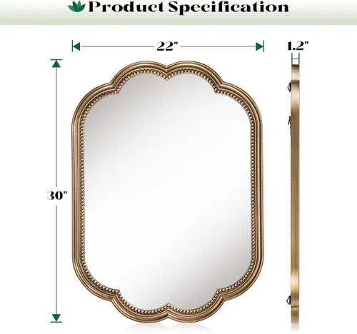 Miniatura 4 de Espejo de pared festoneado, espejo ovalado dorado de 22 x 30 pulgadas, marco decorativo de cuentas doradas, espejos dorados antiguos de flores