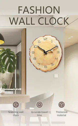 Miniatura 4 de Reloj de pared anual de 12 pulgadas, reloj de tocón de grano de madera con números arábigos, funciona con pilas, movimiento de cuarzo silencioso