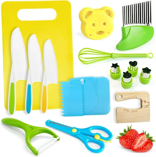 Miniatura 9 de Chanking Juego de cuchillos seguros para niños de 13 piezas para cocina real, herramientas de chef de plástico Montessori, juguetes de cocina