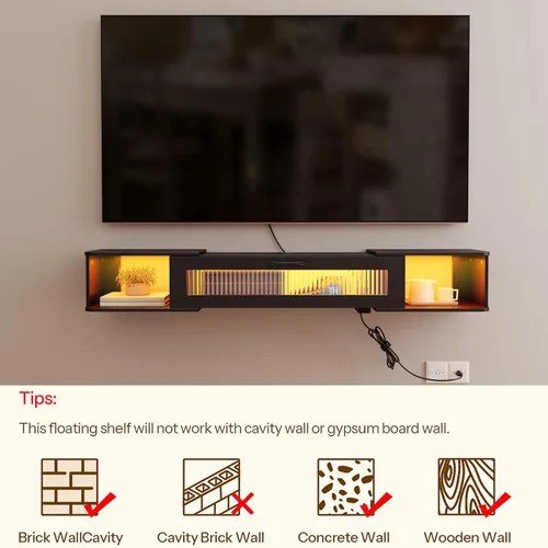 Miniatura 6 de HOOBRO Soporte de TV flotante con luz LED y toma de corriente para televisores de hasta 65 pulgadas, estante de TV montado en la pared, consola