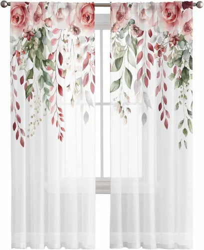 Juego de 2 paneles de cortinas traslúcidas para el día de San Valentín, diseño de hojas de rosa sobre flores blancas con bolsillo para barra,