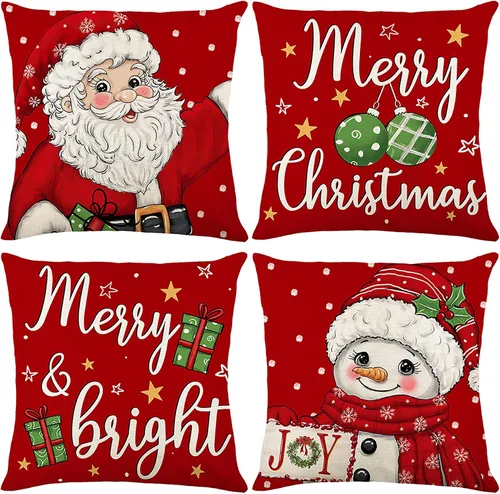 Juego de 4 fundas de almohada rojas de 18 x 18 pulgadas, diseño de Papá Noel, muñeco de nieve, Feliz Navidad, para sofá, decoración de vacaciones